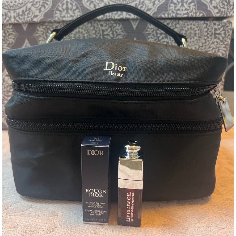 Dior Bundle-Black Vanity Case Rouge Dior 760 Lipstick & Lip Glow Oil Cherry Set